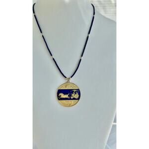 Vintage Chinese Blue Cloisonne Medallion Pendant  Blue Necklace.